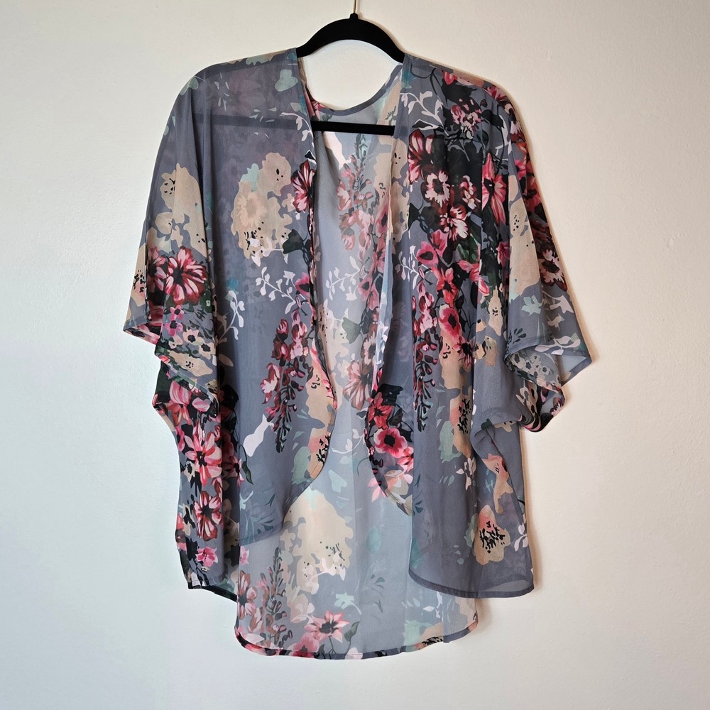 Floral Kimono Cardigan‎ Sheer Open Front Wrap Pink Gray XL Boho Summer Coverup
